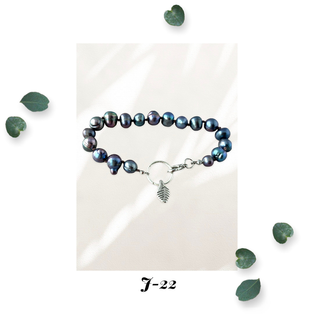 Peacock Organic Freshwater Pearl Bracelet with Leaf Dangle and Silver Ring